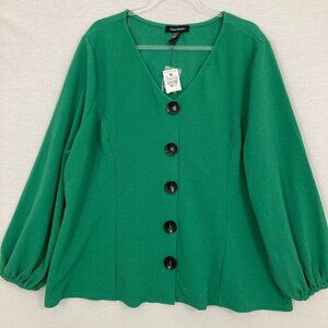 New Ashley Stewart Kelly Green V Neck Puff Sleeve Button Down size 26/28 Preppy